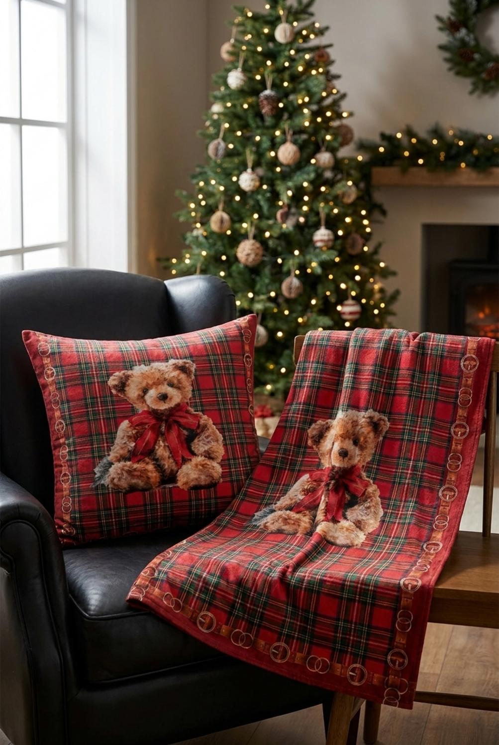 Christmas Teddy Federa Cuscino Con Plaid Interno
