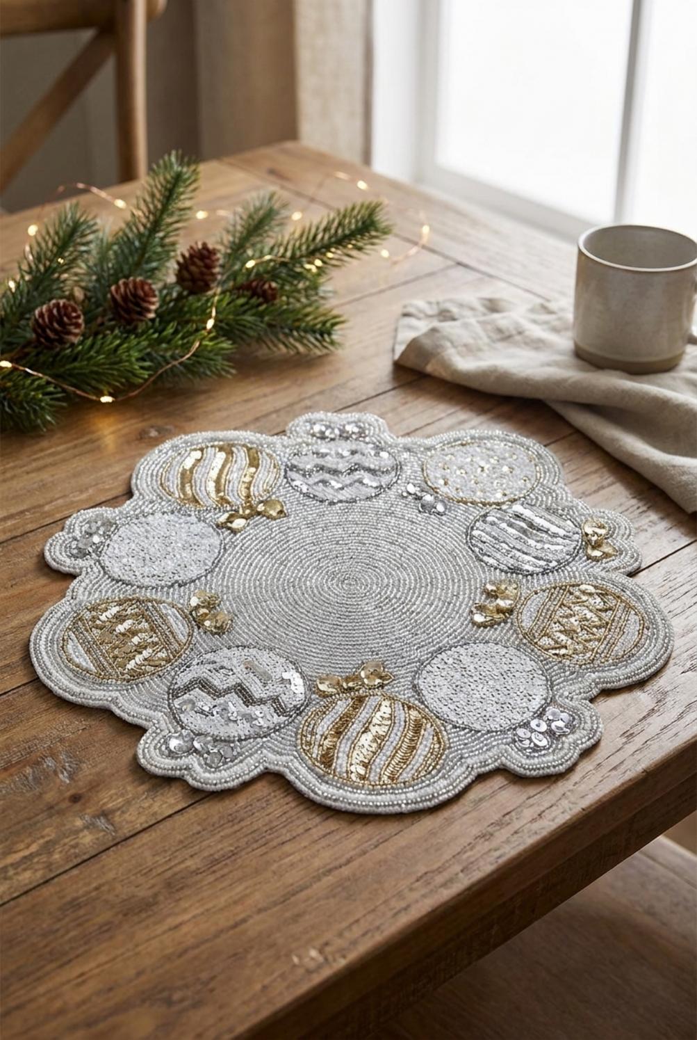 Rifugio Di Natale Tovaglietta Americana Con Perline Grigio