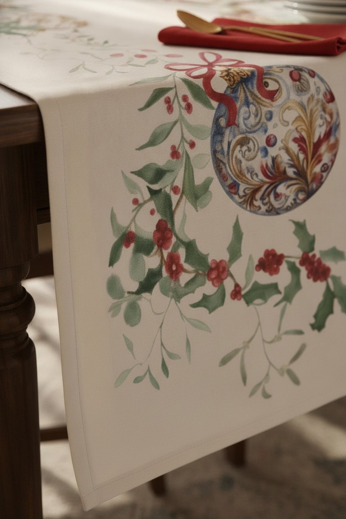 Christmas Eve Runner, dettaglio della stampa con agrifoglio, bacche e pallina decorata