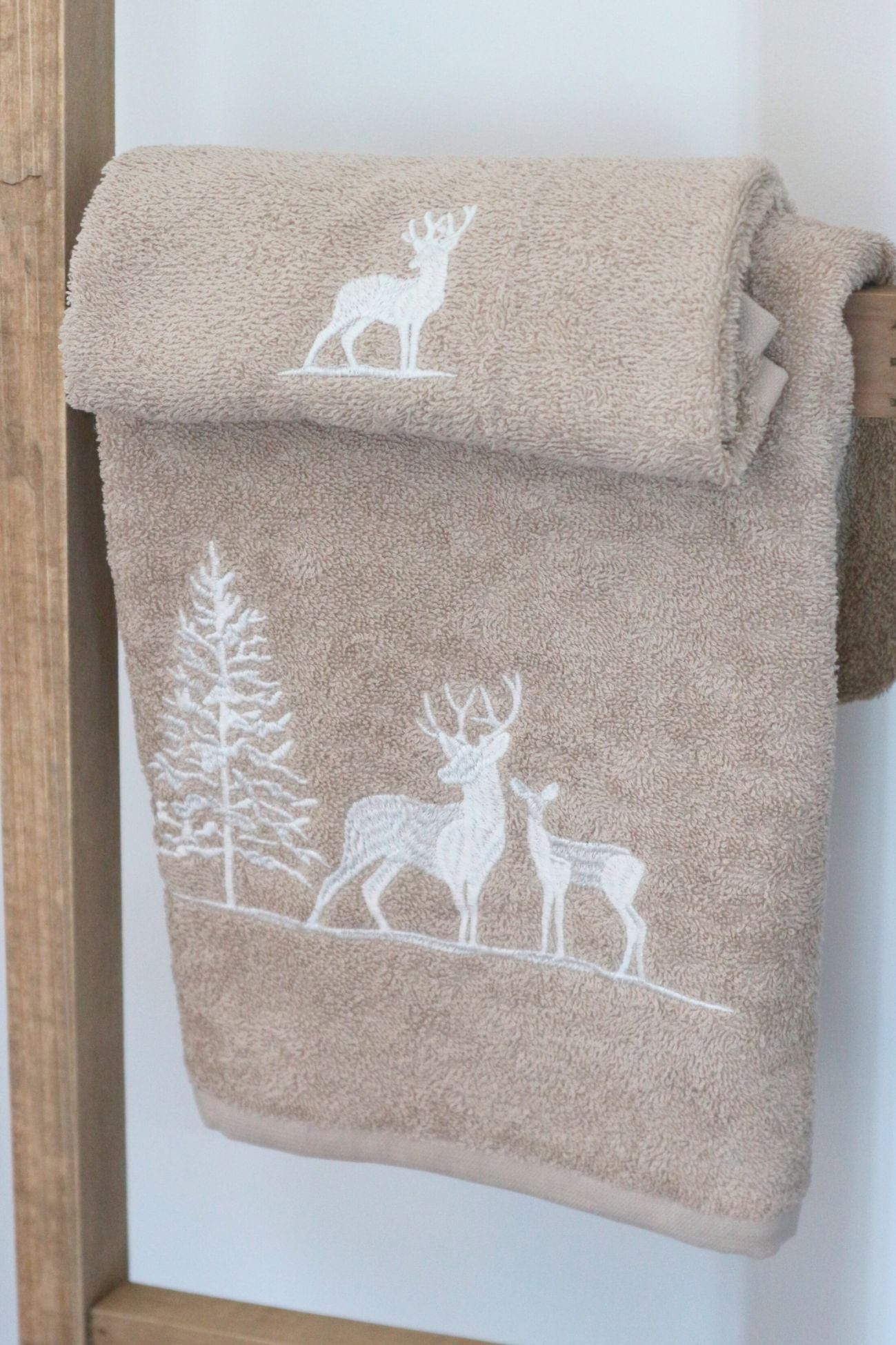 Blanc MariClo' Chalet Chalet - Coppia asciugamano viso e ospite beige con renne | Blanc MariClo'