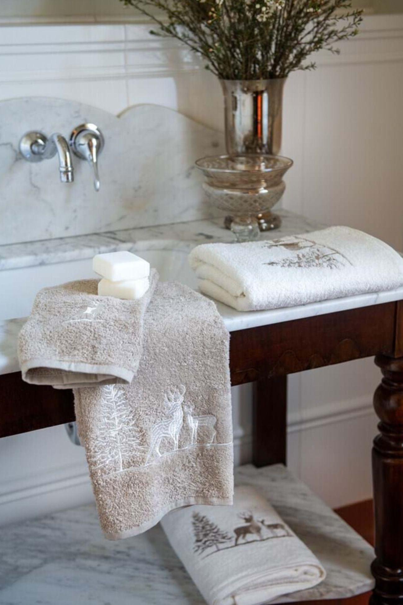Blanc MariClo' Chalet Chalet - Coppia asciugamano viso e ospite beige con renne | Blanc MariClo'