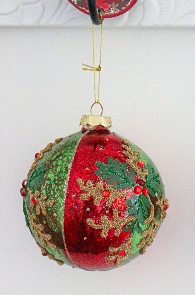 Palla Di Natale In Vetro Soffiato Rossa Con Neve E Pietre | Diametro 150mm, Fatto A Mano In Polonia