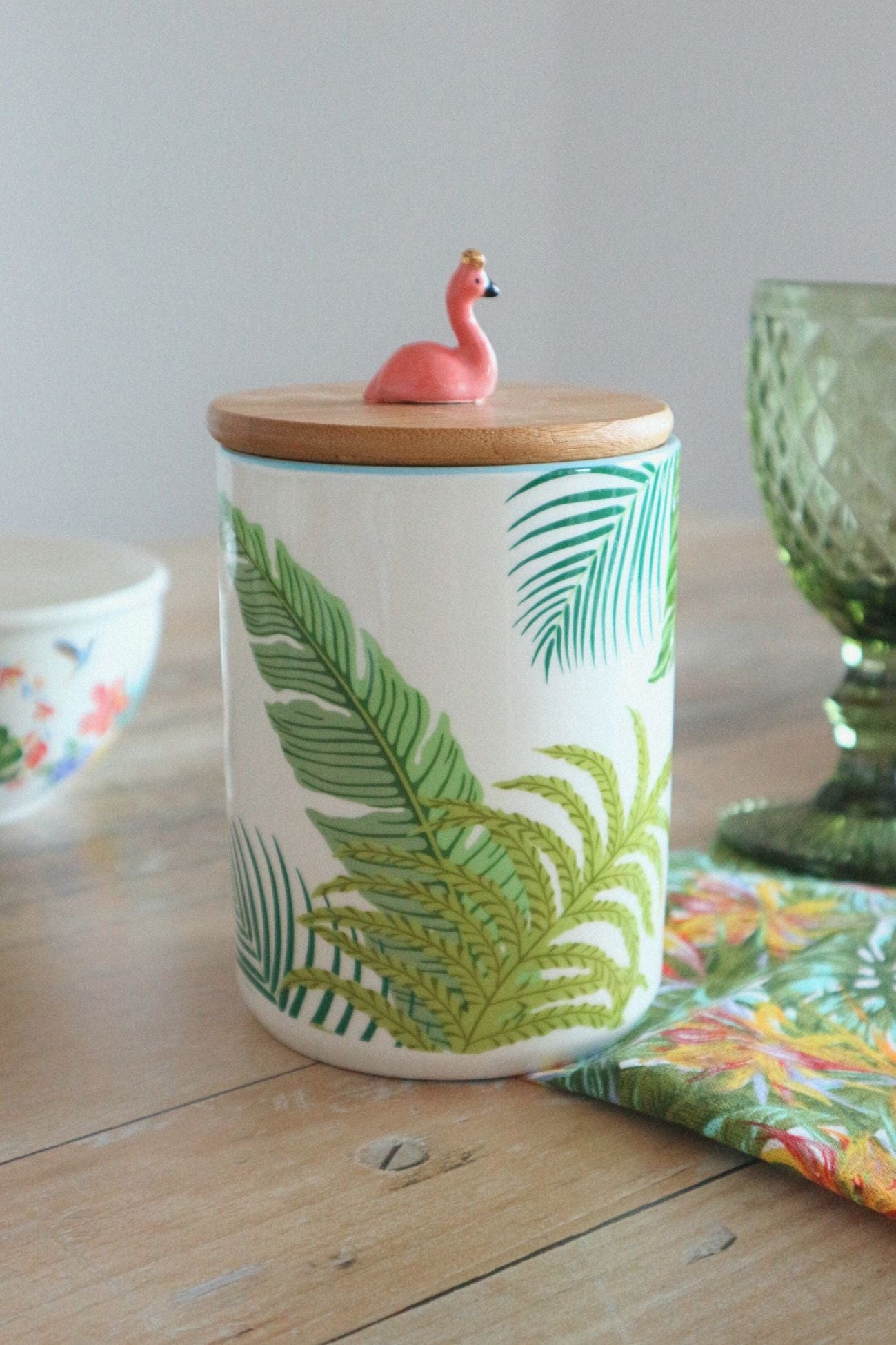 Item International Flamingo Barattolo in porcellana con fenicottero in stile tropicale