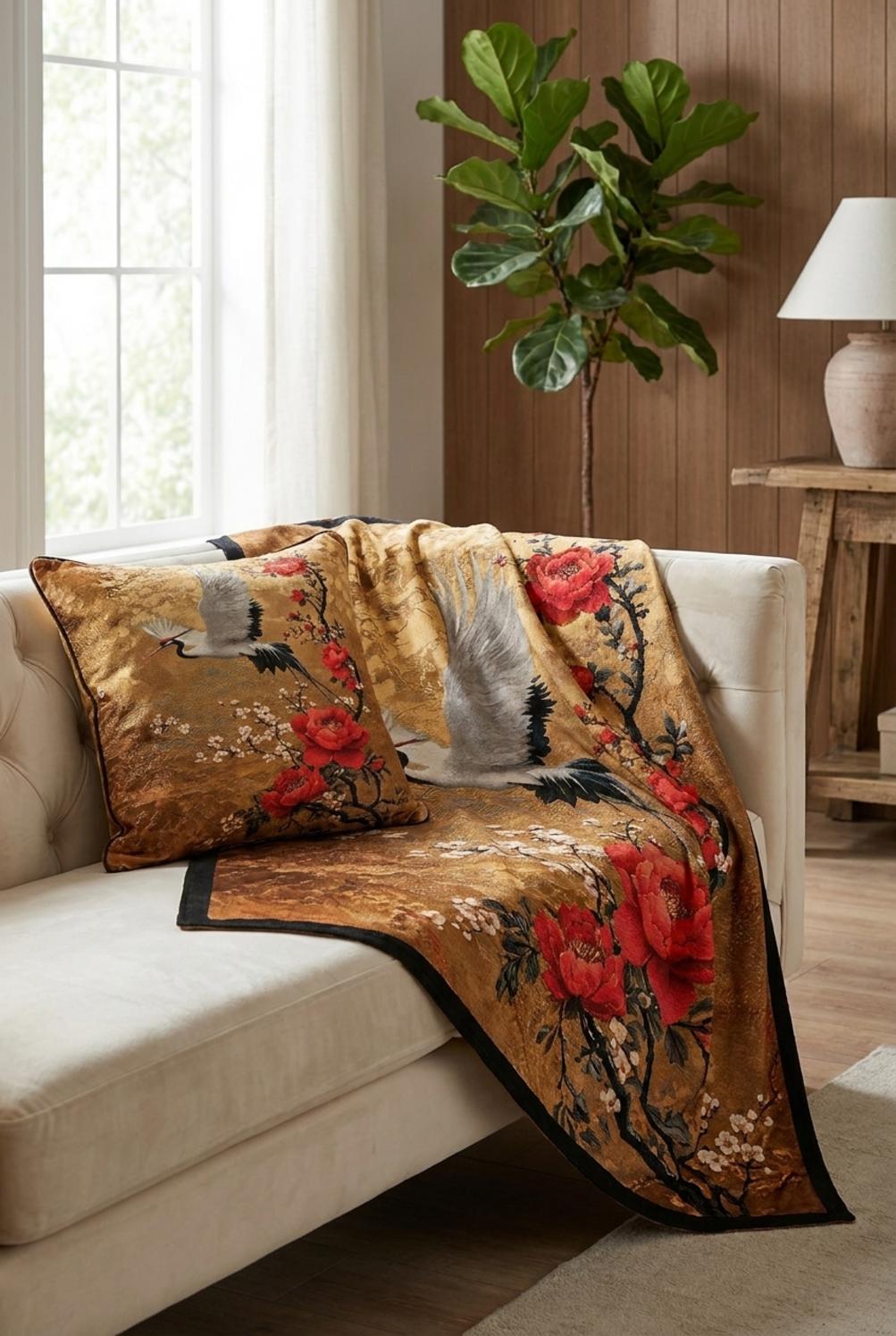 Gold Stork Federa Cuscino Con Plaid Interno