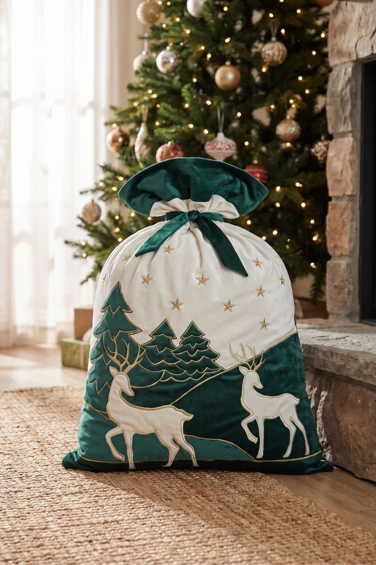 Deer Sacco Ricamato Cielo Bianco