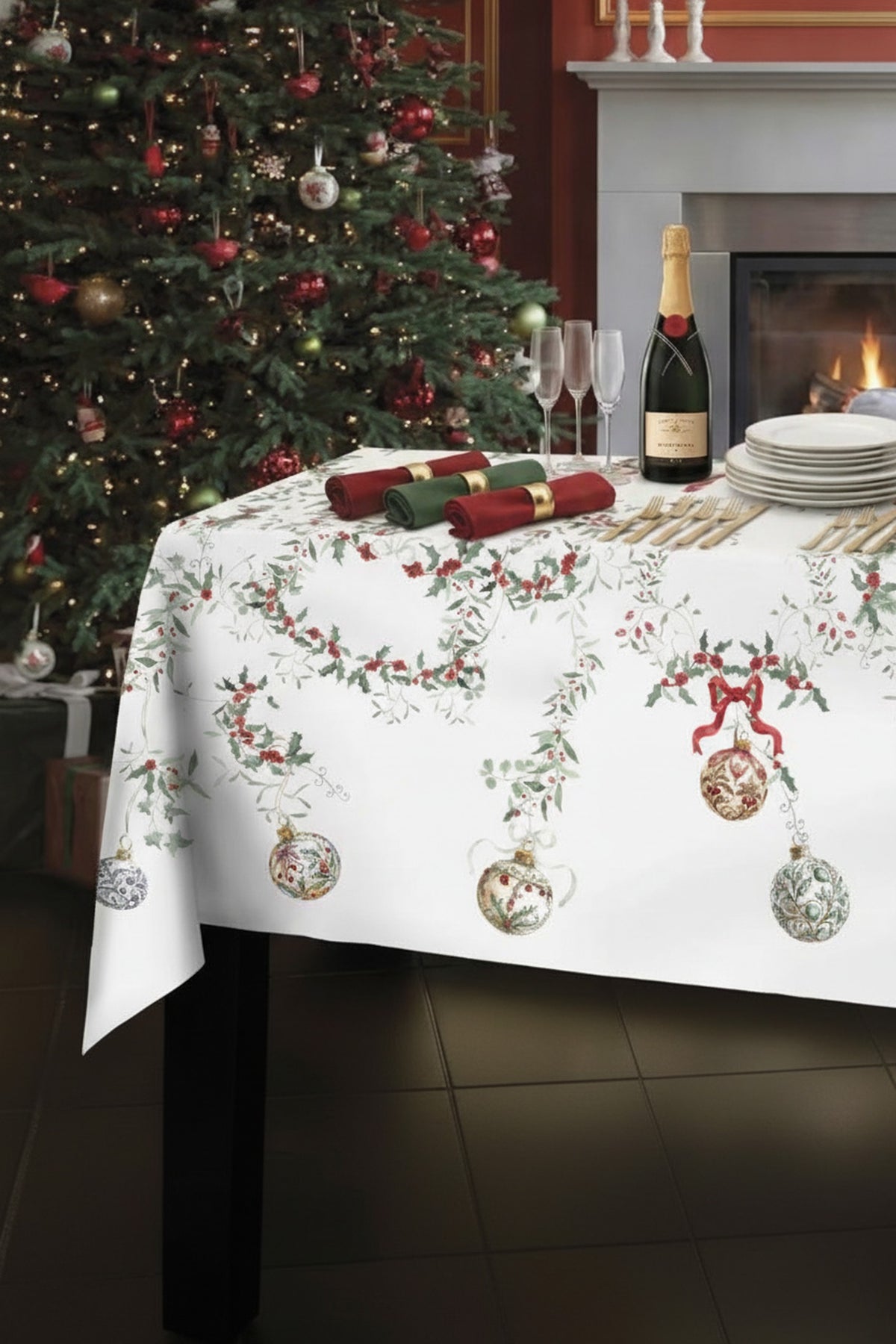Christmas Eve tovaglia, particolare della stampa e della caduta del tessuto