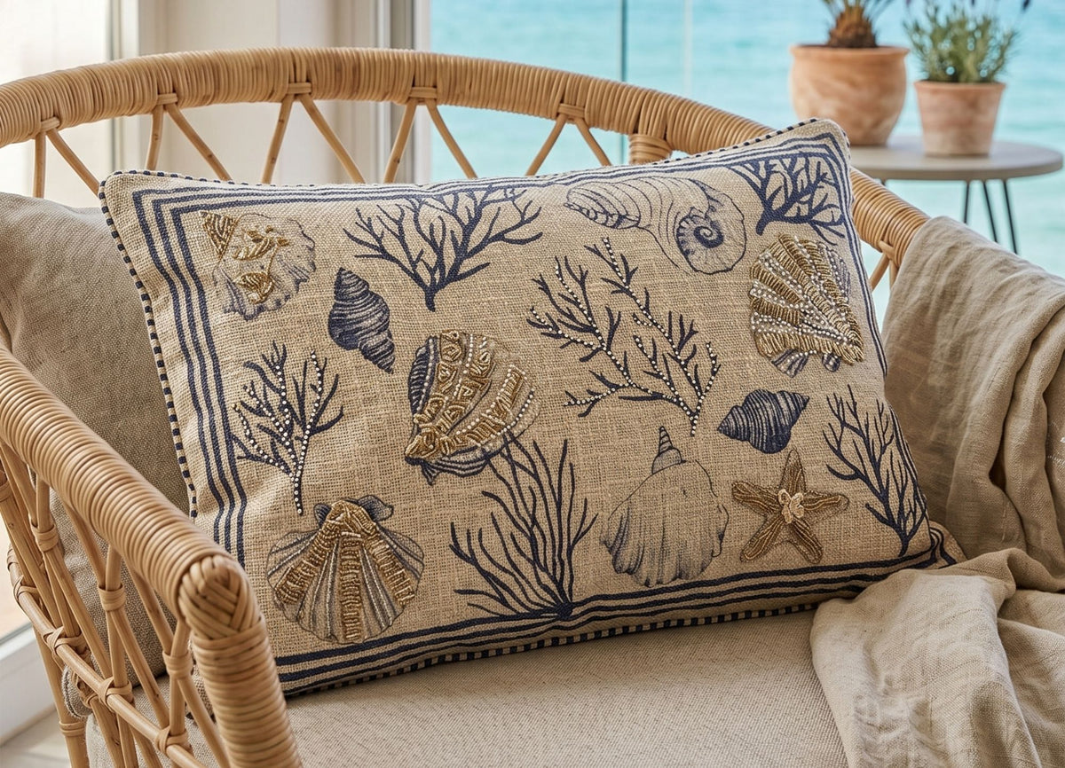 Sardinia Embroidered Rectangular Beige Cushion