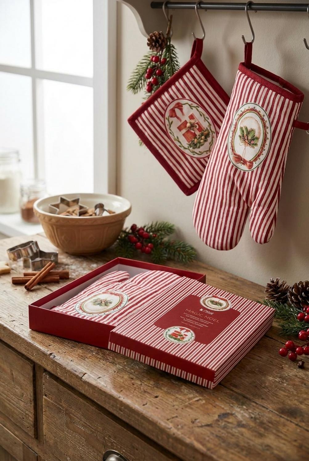 Magic Noel Set Guantone Presina Righe Rosso