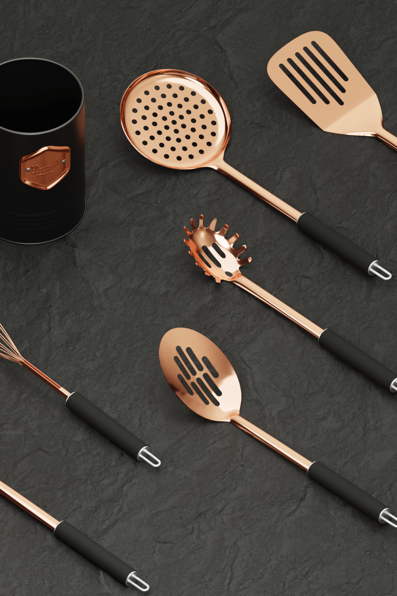 Antiope Design Nancy Set di utensili da cucina ramati con manico e occhiello con barattolo porta utensili