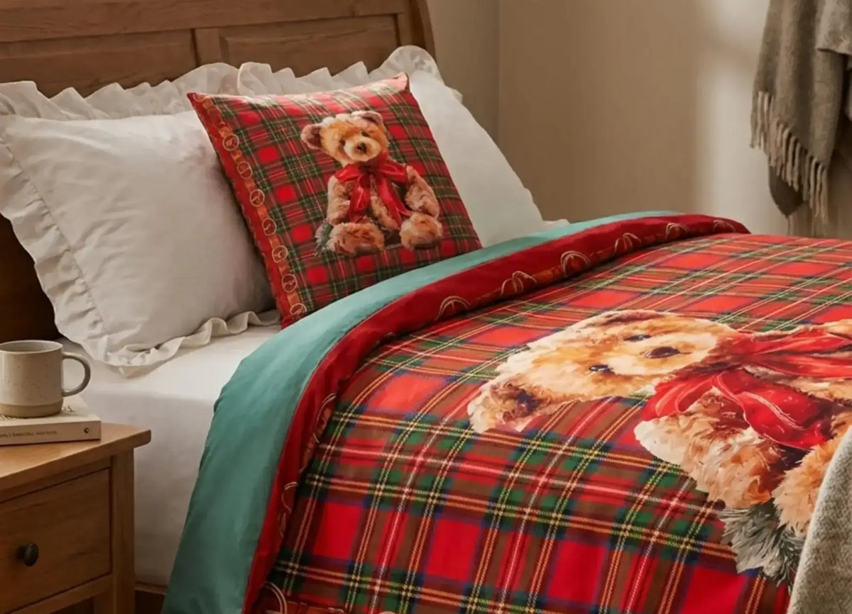 Christmas Teddy Federa Cuscino Con Plaid Interno