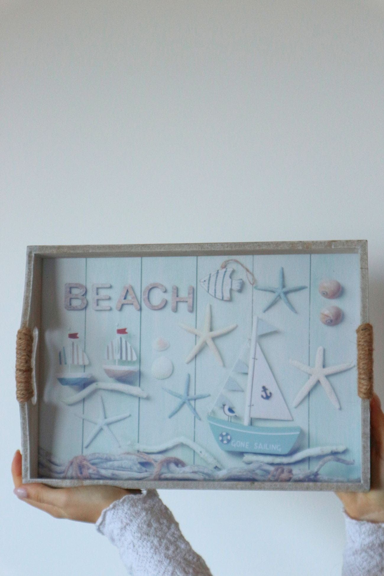 Item International Seaside Beach Seaside Beach - Vassoio piccolo in legno con manici e immagine marina | Item International